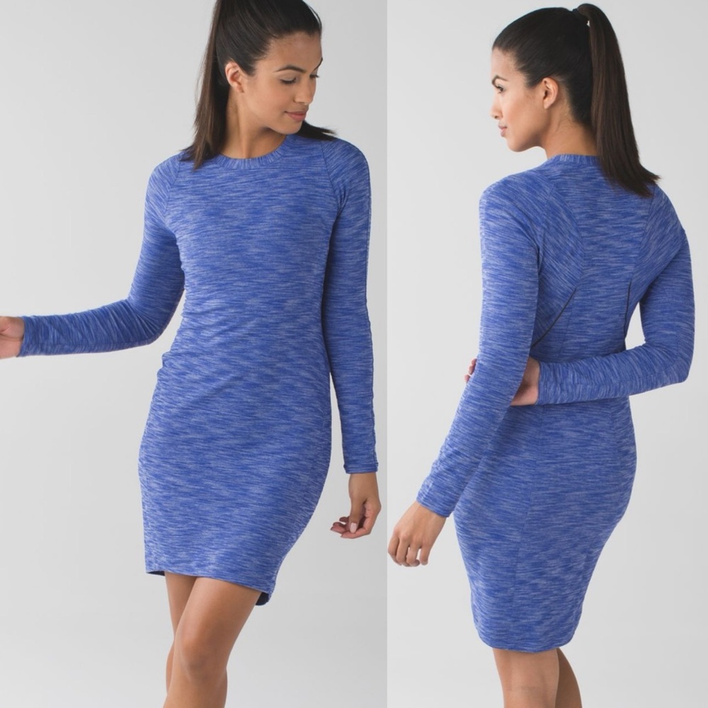 Lululemon &Go Where To Long Sleeves Dress Heathred Blue Size 2 Stretch‎ Knit